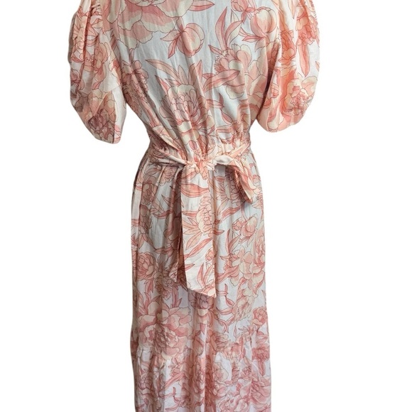 CeCe Linen Blend Puff Sleeve Floral Maxi Dress Peach Pink Garden Print S - Picture 6 of 12